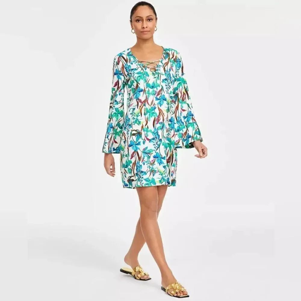 I.N.C. International Concepts Linen Blend Floral Long Sleeve Dress Sz L